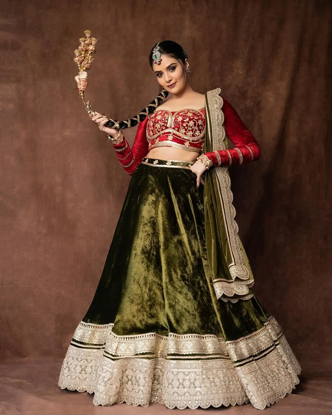 Indian TV Actress Sreemukhi in Traditional Green Lehenga Red Choli